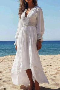 Vacation Casual Loose Dress White V Neck Plus High Low Long Sleeve Maxi Dress