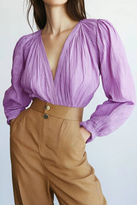 Basic Casual Top V Neck Purple Long Sleeve Top