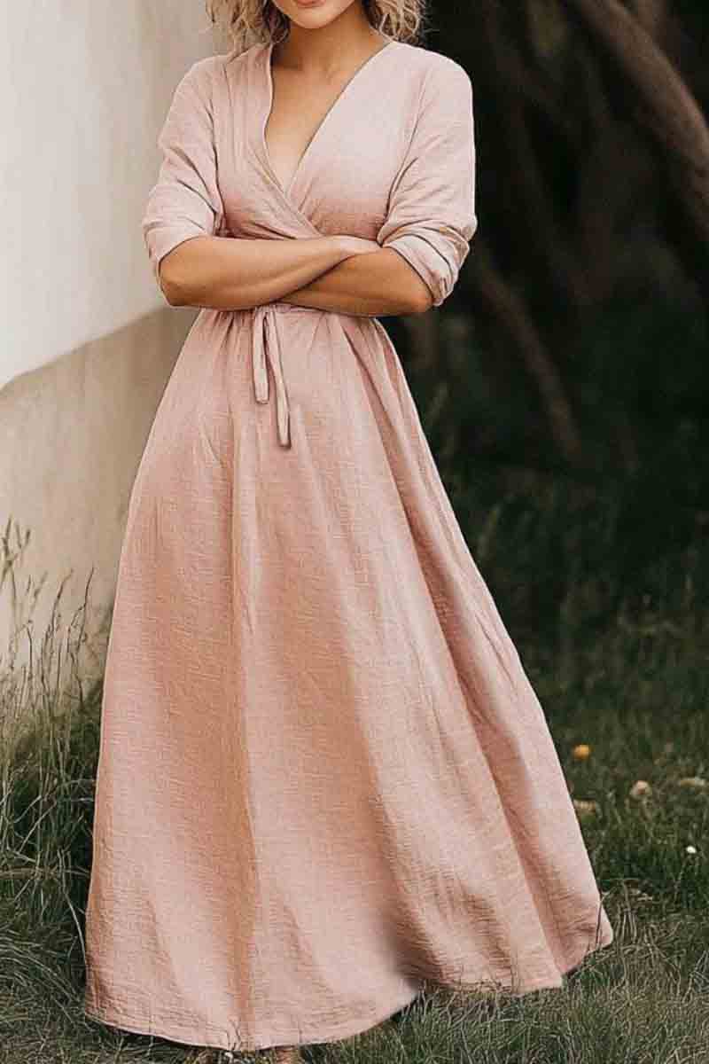 Vacation Casual Loose Dress Pink V Neck Lace up Long Sleeve Maxi Dress