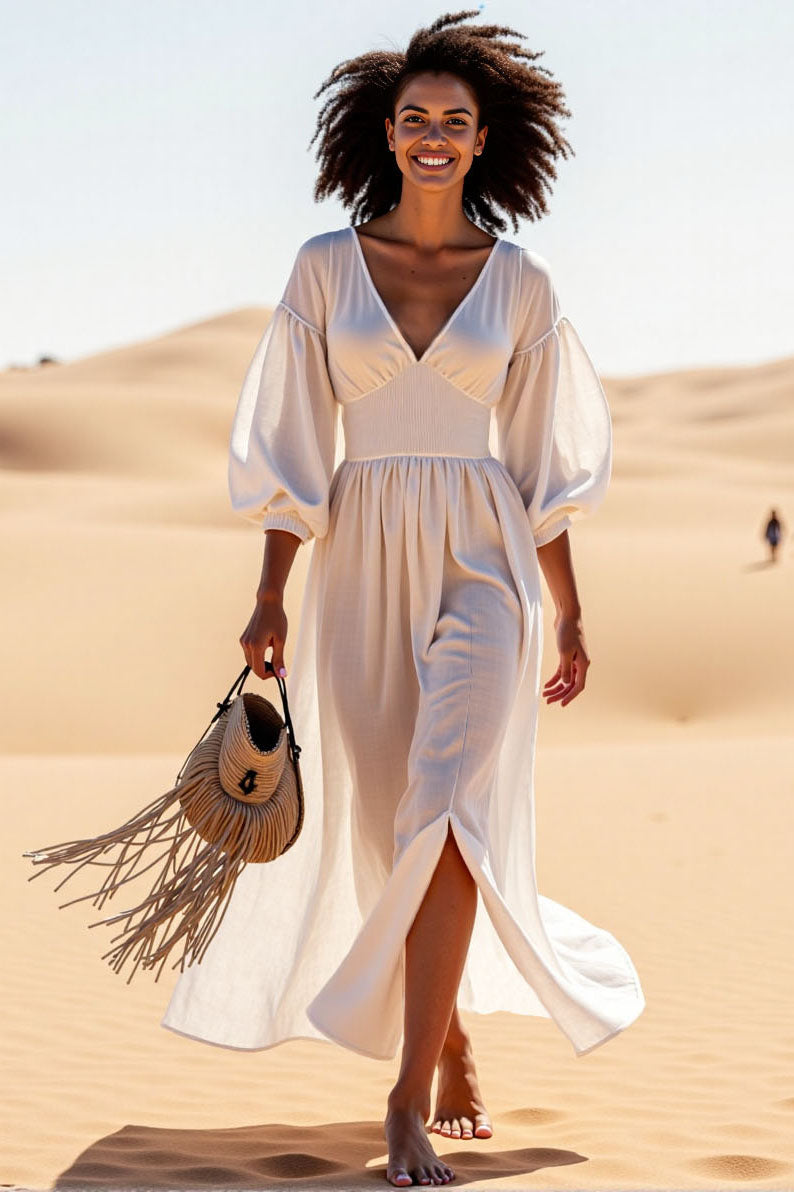 Vacation Casual Loose Dress White V Neck Split 3/4 Length Sleeve Maxi Dress