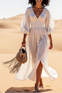 Vacation Casual Loose Dress White V Neck Split 3/4 Length Sleeve Maxi Dress