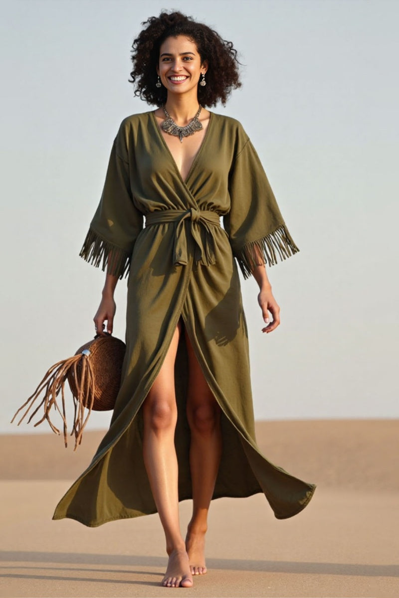 Vacation Casual Loose Dress Green V Neck Tassel 3/4 Length Sleeve Maxi Dress