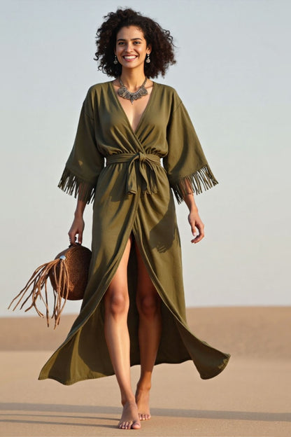 Vacation Casual Loose Dress Green V Neck Tassel 3/4 Length Sleeve Maxi Dress