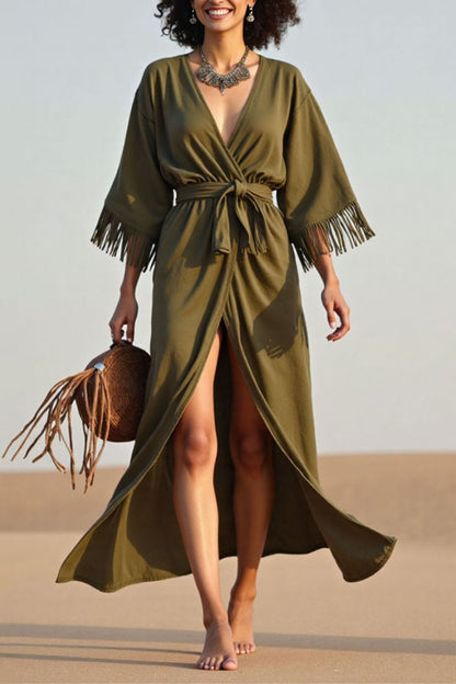 Vacation Casual Loose Dress Green V Neck Tassel 3/4 Length Sleeve Maxi Dress