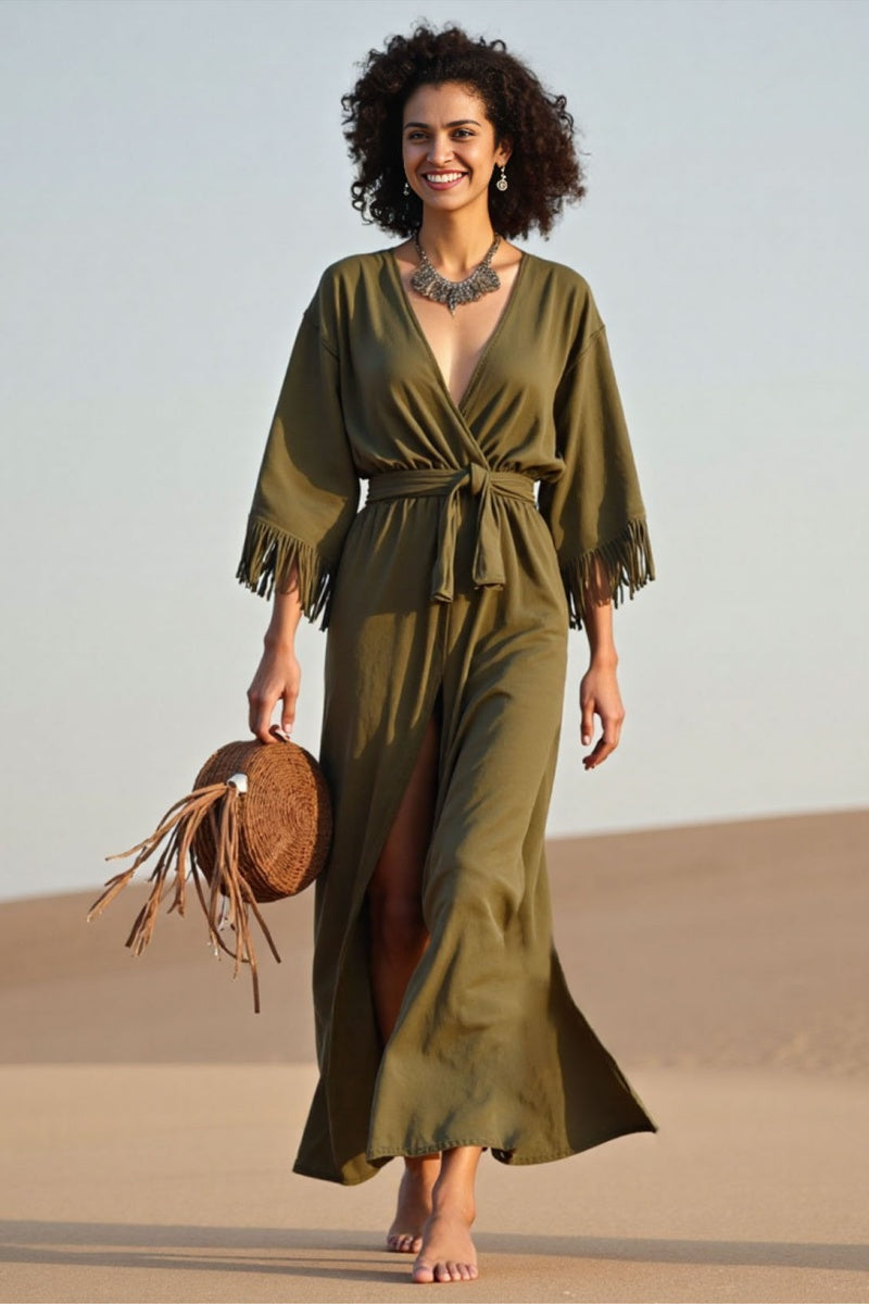 Vacation Casual Loose Dress Green V Neck Tassel 3/4 Length Sleeve Maxi Dress