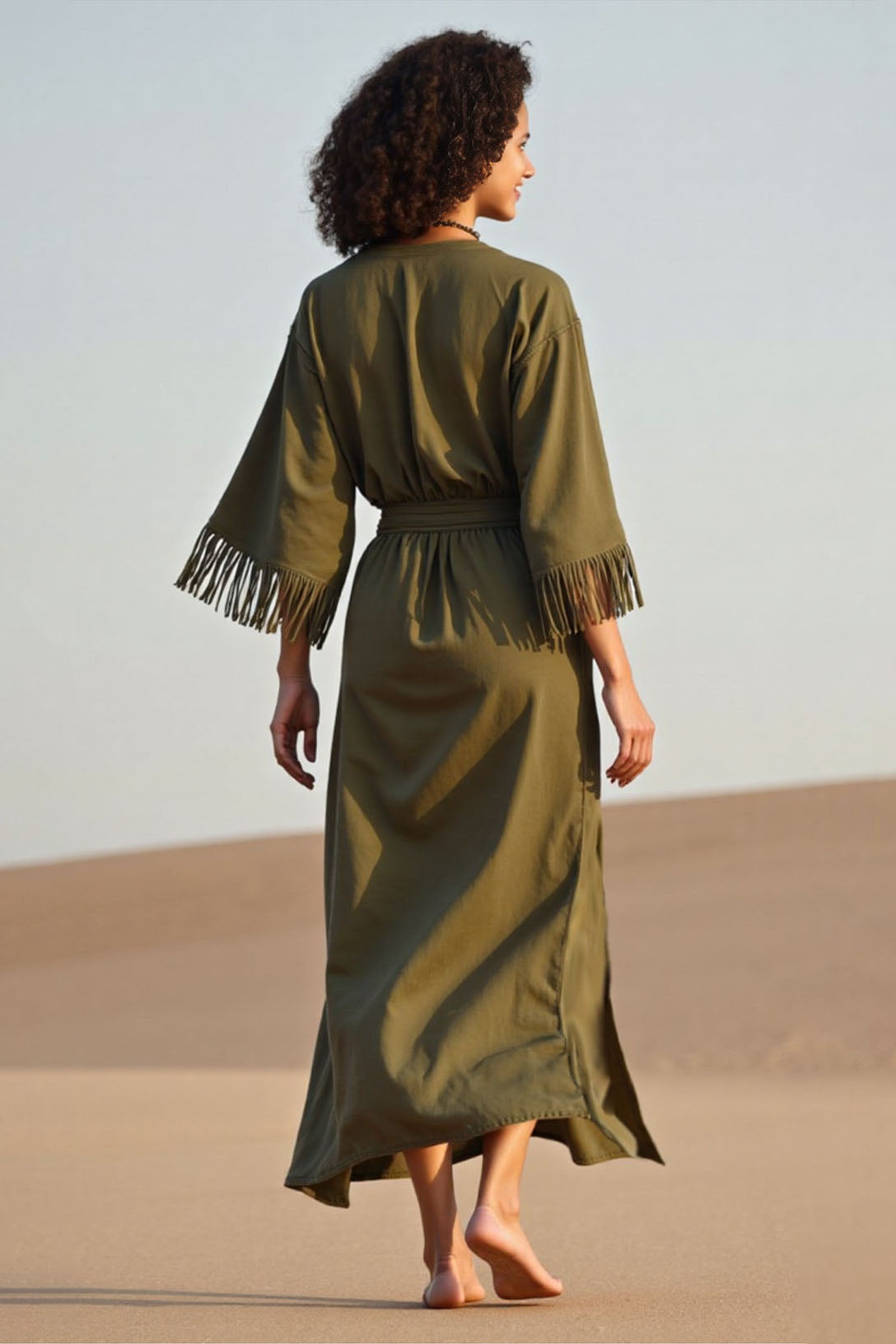 Vacation Casual Loose Dress Green V Neck Tassel 3/4 Length Sleeve Maxi Dress