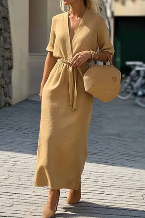 Vacation Casual Loose Dress Yellow V Neck Half Sleeve Maxi Dress