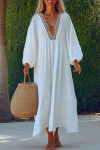 Vacation Casual Loose Dress White Deep V Long Sleeve Maxi Dress