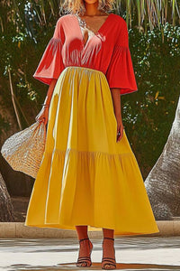 Vacation Casual Loose Dress Yellow V Neck Ruffle Half Sleeve Maxi Dress