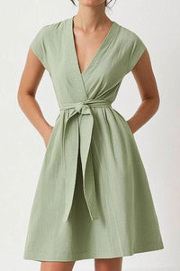 Vacation Casual Loose Dress Green V Neck Pocket Short Sleeve Mini Dress