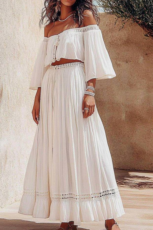 Vacation Casual Loose Dress Set White Off Shoulder 3/4 Length Sleeve Maxi Dress Suit