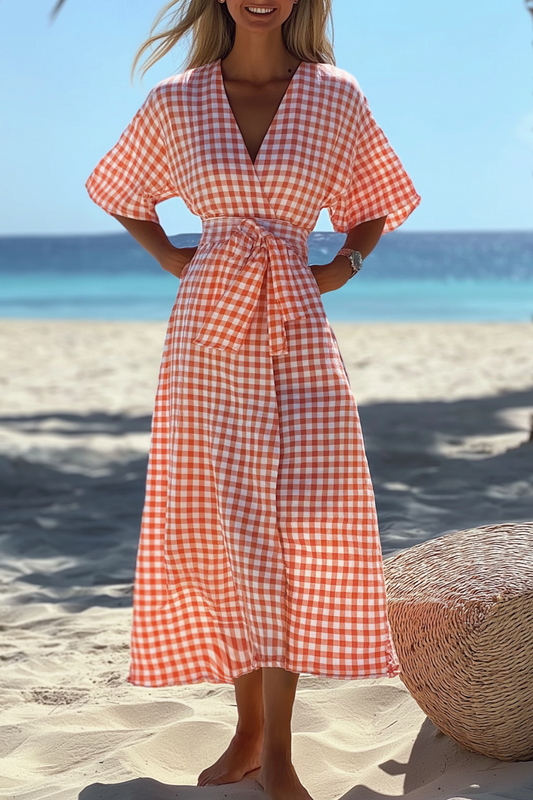 Vacation Casual Loose Dress Pink V Neck Plaid Half Sleeve Maxi Dress