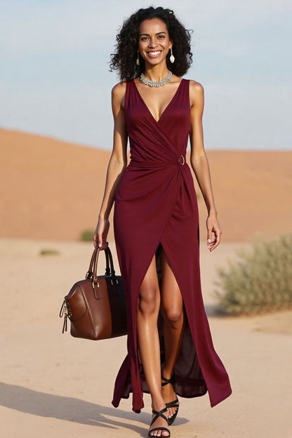 Vacation Casual Loose Dress Red V Neck Split Sleeveless Maxi Dress