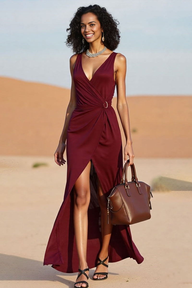 Vacation Casual Loose Dress Red V Neck Split Sleeveless Maxi Dress