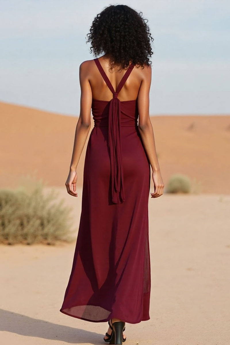 Vacation Casual Loose Dress Red V Neck Split Sleeveless Maxi Dress