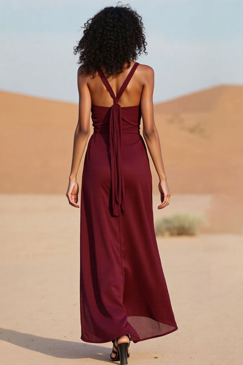 Vacation Casual Loose Dress Red V Neck Split Sleeveless Maxi Dress