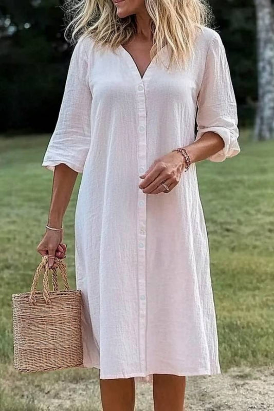 Vacation Casual Loose Dress White V Neck 3/4 Length Sleeve Midi Dress