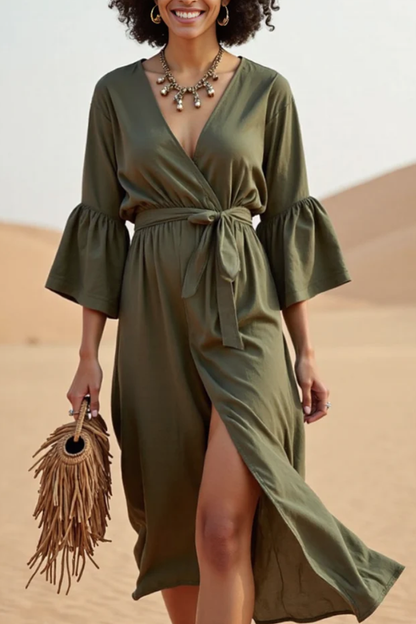 Vacation Casual Loose Dress Green V Neck Split 3/4 Length Sleeve Midi Dress