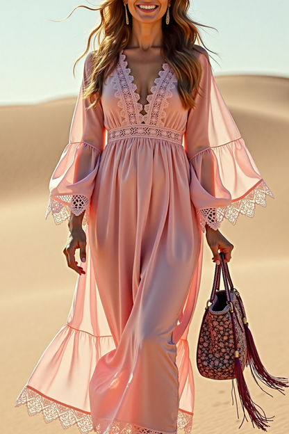 Vacation Casual Loose Dress Pink V Neck Lace Long Sleeve Maxi Dress