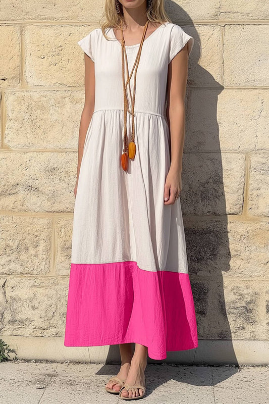 Vacation Casual Loose Dress White Crew Neck Color Block Short Sleeve Maxi Dress