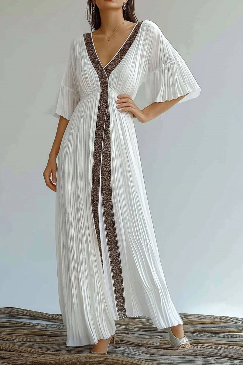 Vacation Casual Loose Dress White V Neck 3/4 Length Sleeve Maxi Dress