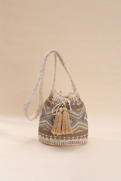 Bohemian Ethnic Cross-body Bag Woven Fringe Print Bucket Bag