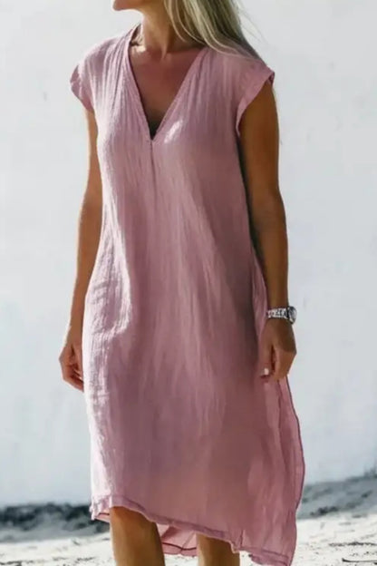 Vacation Casual Loose Dress Pink V Neck Short Sleeve Midi Dress