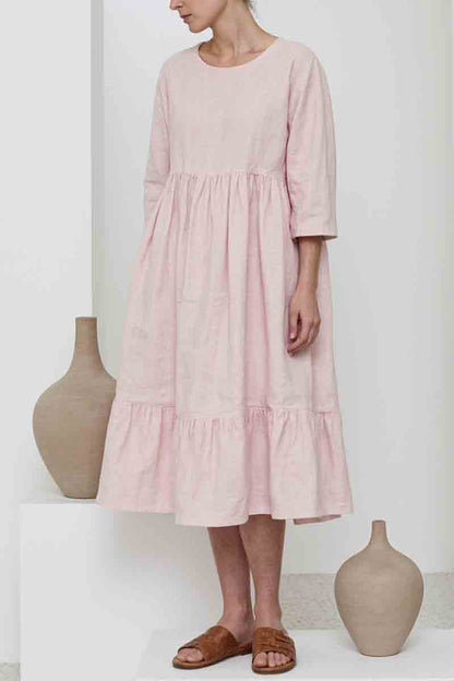 Vacation Casual Loose Dress Pink Crew Neck Ruffle 3/4 Length Sleeve Midi Dress