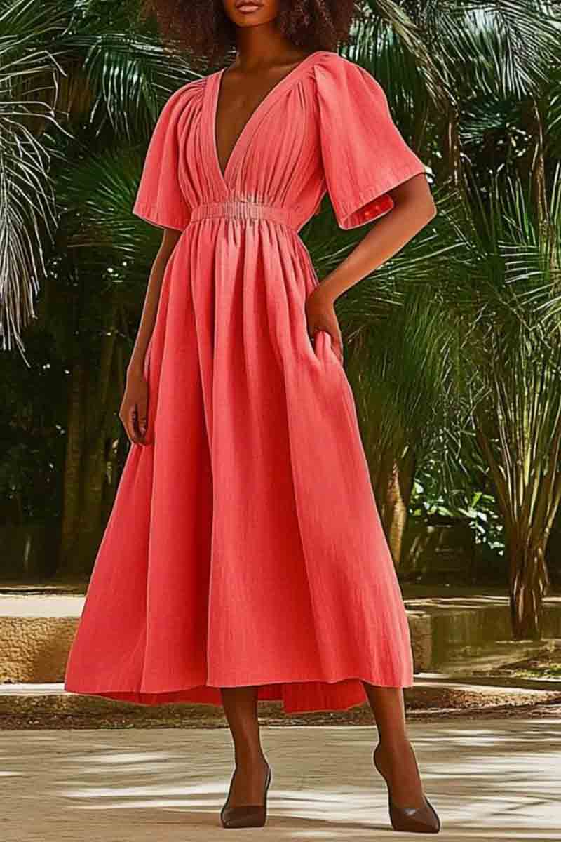 Vacation Casual Loose Dress Red V Neck Pocket Short Sleeve Maxi Dress