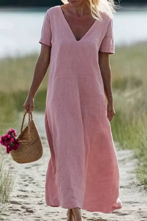 Vacation Casual Loose Dress Pink V Neck Short Sleeve Maxi Dress