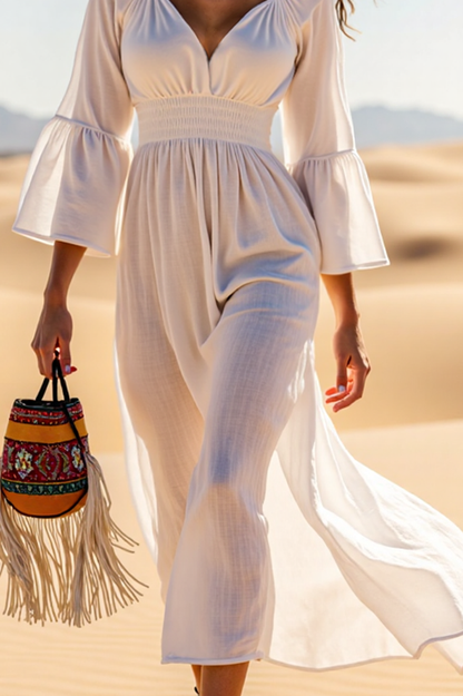 Vacation Casual Loose Dress White V Neck 3/4 Length Sleeve Maxi Dress