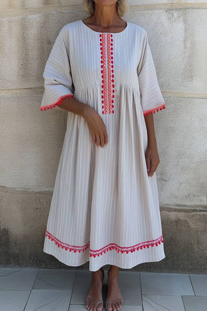 Vacation Casual Loose Dress White Crew Neck Patchwork 3/4 Length Sleeve Maxi Dress