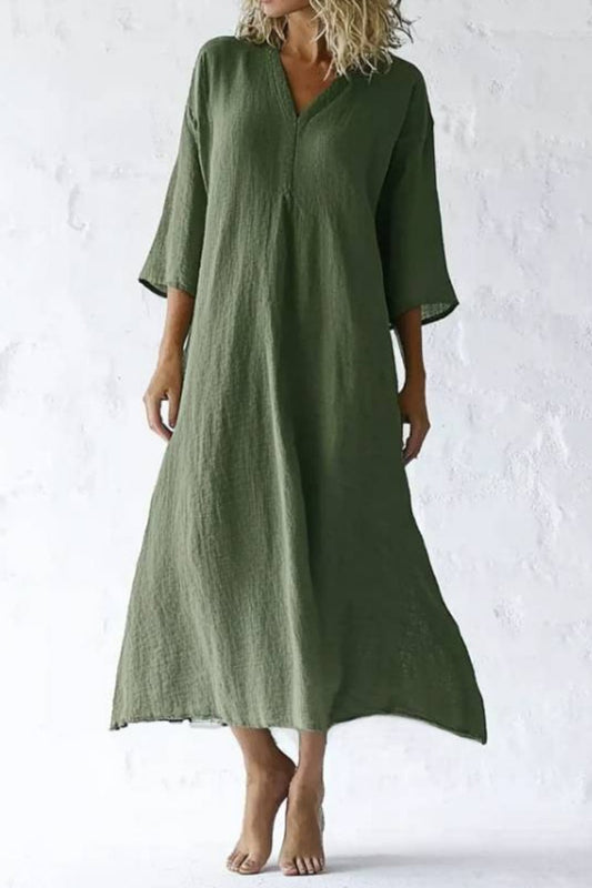 Vacation Casual Loose Dress Green V Neck 3/4 Length Sleeve Maxi Dress