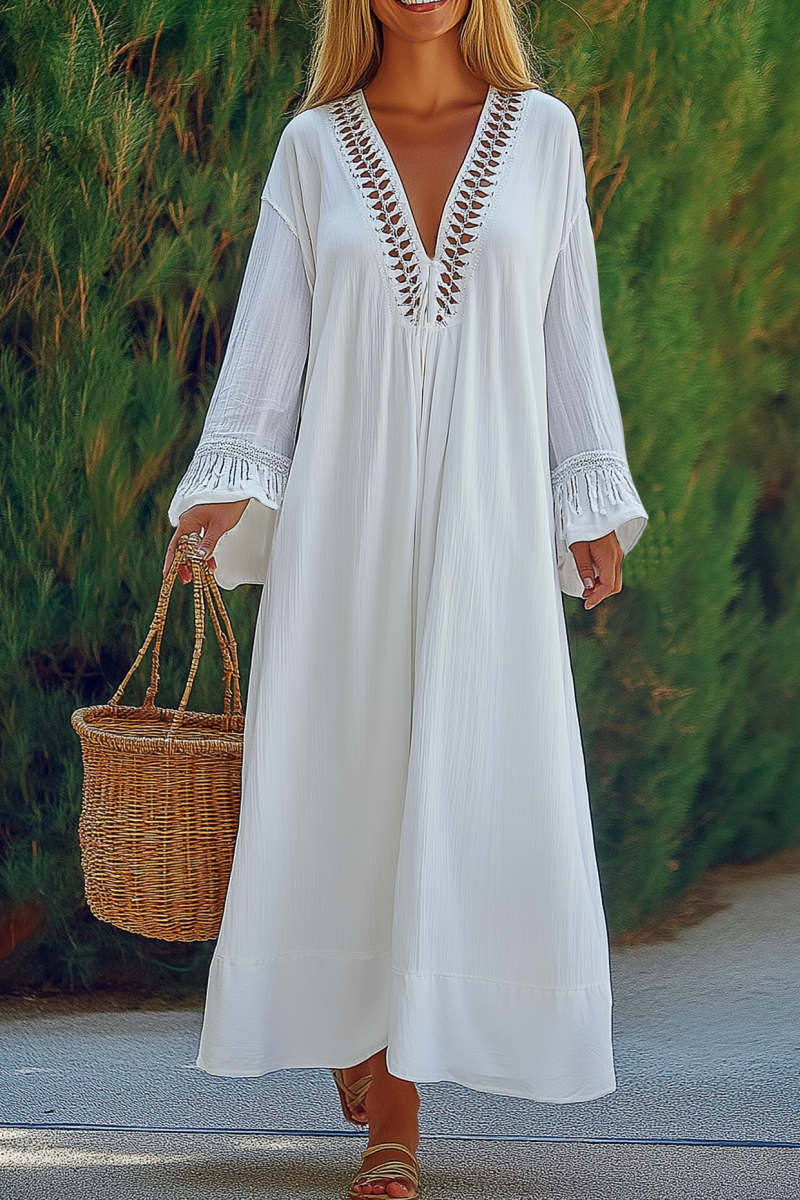 Vacation Casual Loose Dress White Deep V Maxi Dress