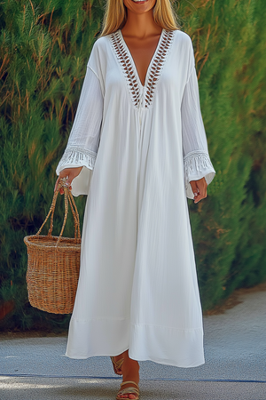 Vacation Casual Loose Dress White Deep V Maxi Dress