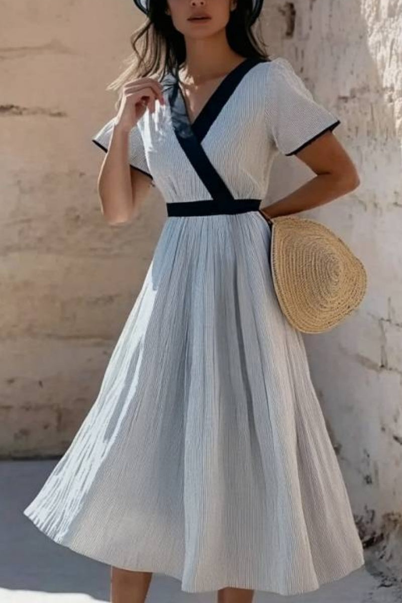 Vacation Casual Loose Dress White V Neck Patchwork Short Sleeve Midi Dress