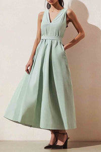 Vacation Casual Loose Dress Green V Neck Pocket Sleeveless Maxi Dress